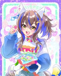  1girl animal_ears bead_necklace beads belt blue_hair blush boots breasts brown_hair chiffon commentary_request cutoffs daitaku_helios_(casual)_(umamusume) daitaku_helios_(umamusume) ear_covers facial_tattoo hair_ornament holding horse_ears horse_girl horse_tail jewelry long_hair long_sleeves multicolored_hair multicolored_nails necklace open_mouth orange_belt shirt shirt_under_shirt shorts side_ponytail smile solo star_(symbol) star_hair_ornament streaked_hair tail tattoo teeth umamusume upper_teeth_only white_shirt yellow_boots 