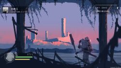  absurdres backpack bag boots evening gloves health_bar highres hood kani_etizen03 original pants ruins scenery solo sunset twilight user_interface 