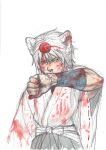  angry animal_ears blood covering covering_face covering_mouth hakama hands hat highres inubashiri_momiji japanese_clothes kimono kobushi muscle short_hair solo tokin_hat touhou traditional_media watercolor_(medium) white_background white_hair wide_sleeves wolf_ears yellow_eyes yukata 