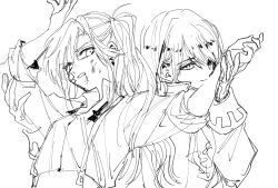  2girls annoyed ascot bandaid bandaid_on_cheek bandaid_on_face clenched_teeth collared_jacket collared_shirt commentary_request crossed_bandaids greyscale hair_over_one_eye hair_tie high-waist_pants high_collar highres holding_another's_arm holding_another's_wrist injury jacket long_hair long_sleeves looking_at_another miracle_nikki monochrome multiple_girls nikki_(series) one_side_up open_clothes open_jacket original pants shirt simple_background sketch sleeve_cuffs sleeves_rolled_up smirk smug stylist_(nikki) suspenders teeth upper_body uro_(uvxkf) very_long_hair wavy_hair white_background yuri 