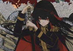  1girl black_cape black_hair black_jacket cape epaulettes flower jacket long_hair looking_at_viewer military_uniform original planted planted_sword red_eyes sheath sheathed snake solo sword tassel washiya0 weapon white_flower 