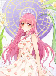  1girl afaaa bare_arms bare_shoulders bead_necklace beads blouse blue_background blunt_bangs breasts brown_eyes closed_mouth commentary_request covered_collarbone cowboy_shot daffodil dot_nose floral_print flower flower_necklace frilled_shirt frills gradient_background halftone halftone_background happy highres jewelry light_blush light_particles long_hair long_sidelocks looking_at_viewer magic_circle medium_skirt miracle_nikki necklace nikki_(nikki) nikki_(series) pink_flower pink_hair pink_rose print_shirt print_skirt rose rose_print see-through_clothes see-through_shirt shirt sidelocks skirt skirt_set sleeveless sleeveless_shirt small_breasts smile solo standing very_long_hair wavy_hair white_flower white_shirt white_skirt 