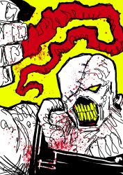  absurdres apron azoinab blood colored_teeth commentary exposed_teeth hand_up highres limited_palette nemesis_(resident_evil) resident_evil resident_evil_3:_nemesis stitched_face stitches tentacles yellow_teeth 