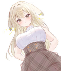  1girl :t blonde_hair breasts brown_skirt closed_mouth commentary_request electricity extra_ears high-waist_skirt highres large_breasts light_blush long_hair looking_at_viewer nikoo peakychu personification pikachu pokemon pokemon_pokopia pout simple_background skirt sleeveless sleeveless_sweater solo sweater turtleneck turtleneck_sweater v-shaped_eyebrows very_long_hair white_background white_sweater yellow_eyes 