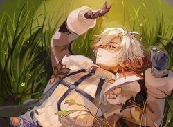  1boy ahoge arms_up artist_name belt black_belt black_pants chest_belt churomo commentary cowboy_shot day english_commentary fur-trimmed_jacket fur-trimmed_sleeves fur_trim gem genshin_impact gloves gradient_hair grass grey_jacket hair_over_one_eye highres illuga_(genshin_impact) jacket long_sleeves looking_up lying male_focus multicolored_hair on_back open_clothes open_jacket orange_gem outdoors pants pink_hair purple_belt purple_gloves scenery shadow short_hair solo standing sunlight sweater teeth turtleneck turtleneck_sweater two-tone_hair violet_eyes vision_(genshin_impact) weeds white_hair white_sweater 