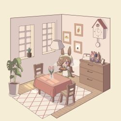  1girl absurdres animal_ears apron blush bow bowtie bread brown_hair calendar_(object) carrot chair character_doll chest_of_drawers chibi clock closed_mouth commentary_request doll dress ear_covers flower food green_dress hair_over_one_eye haru_urara_(umamusume) headband highres holding holding_tray horse_ears horse_girl horse_tail lamp long_hair long_sleeves low_twintails official_alternate_costume onigiri picture_frame pink_hair pink_headband plant potted_plant purple_sailor_collar purple_serafuku purple_shirt purple_skirt red_headband rice_shower_(umamusume) rice_shower_(yummy_dreamy_fairy)_(umamusume) sailor_collar sailor_shirt school_uniform serafuku shirt skirt smile steaming_food table tail tracen_school_uniform tray twintails umamusume vase violet_eyes wall_clock white_apron white_bow white_bowtie yunbotan 