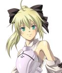  ahoge armor bare_shoulders blonde_hair bow detached_sleeves esesinshi fate/stay_night fate/unlimited_codes fate_(series) green_eyes hair_bow long_hair ponytail saber saber_lily smile solo 