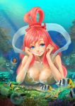  1girl black_hair blue_eyes breast_rest breasts bubble chin_rest cleavage coral crossed_arms fish giantess grin hat highres indian_style long_hair mermaid monkey_d_luffy monster_girl one_piece pink_hair ren108 shirahoshi sitting size_difference smile straw_hat underwater 
