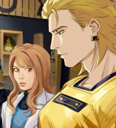  1boy 1girl absurdres blonde_hair blue_shirt brown_eyes brown_hair chinese_commentary closed_mouth commentary_request denisefanta earrings girl_staring_at_guy's_chest_(meme) highres indoors jacket jewelry karina_lyle long_hair looking_at_pectorals meme photo_background ryan_goldsmith shirt short_hair tiger_&amp;_bunny upper_body white_jacket 