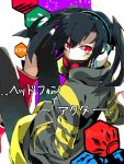  black_hair black_legwear ene_(kagerou_project) gas_mask headphone_actor_(vocaloid) hoodie jacket long_hair looking_at_viewer looking_back red_eyes twintails vocaloid wonoco0916 