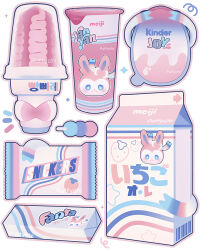  artist_name character-themed_food dango drink_carton english_commentary food food_focus ice_cream kinder_joy meiji_(brand) milk_carton no_humans pokemon pokemon_(creature) puffychii smile snack snickers_(brand) sparkle sylveon wagashi white_background 