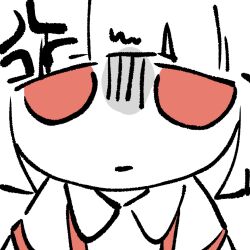  1girl :| anger_vein annoyed arm_strap blunt_bangs blunt_sidelocks chibi chibi_only chinese_commentary close-up closed_mouth collared_shirt colored_skin commentary_request fujiwara_no_mokou highres long_sleeves looking_at_viewer no_nose portrait red_eyes shaded_face shirt sidelocks simple_background solo squiggle suspenders tareme touhou user_kwxy7534 white_background white_hair white_shirt white_skin 