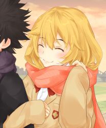  1boy 1girl adjusting_scarf black_jacket blazer blush bow bowtie bridge brown_jacket building closed_eyes closed_mouth commentary_request emblem grey_scarf hair_between_eyes hands_up jacket kamijou_touma locked_arms long_sleeves orange_sky outdoors red_bow red_bowtie red_scarf scarf school_emblem school_uniform shin_(highest1192) shirt shokuhou_misaki short_hair sky sleeves_past_wrists smile spiky_hair toaru_majutsu_no_index tokiwadai_school_uniform upper_body white_shirt winter_uniform 
