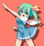  1girl daiyousei dress female green_eyes green_hair hair_ribbon henshin highres kamen_rider kuromu_(underporno) looking_at_viewer open_mouth outstretched_arm parody ponytail pose ribbon solo standing touhou wings 