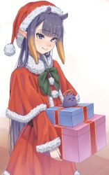  1girl absurdres alternate_costume blunt_bangs box capelet center-flap_bangs closed_mouth dress fur-trimmed_capelet fur-trimmed_dress fur-trimmed_headwear fur_trim gift gift_box gradient_hair hat highres holding holding_gift hololive hololive_english long_hair looking_at_viewer mole mole_under_eye multicolored_hair ninomae_ina'nis orange_hair pointy_ears pom_pom_hat_ornament purple_hair red_capelet red_dress samukzz santa_costume santa_dress santa_hat sidelocks smile solo straight_hair takodachi_(ninomae_ina'nis) tentacle_hair very_long_hair virtual_youtuber 