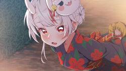  1girl alternate_costume alternate_hair_length_(shorter) aobara_hairi bag black_kimono blush braid bun_with_braided_base center-flap_bangs commentary_request donut_hair_bun fang floral_print floral_print_kimono from_above gradient_hair grey_hair hair_between_horns hair_bun highres holding holding_bag hololive japanese_clothes kimono kinchaku looking_at_viewer medium_hair multicolored_hair nakiri_ayame obi open_mouth pouch print_kimono red_eyes red_sash red_streaks sash skin_fang solo streaked_hair textless_version upturned_eyes virtual_youtuber yukata 