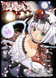  alternate_costume bare_shoulders bow cherry_blossoms dress elbow_gloves flower full_moon gloves green_eyes hair_flower hair_ornament katana konpaku_youmu konpaku_youmu_(ghost) lantern lipstick looking_at_viewer makeup moon petals sheath sheathed short_hair silver_hair smile solo sword touhou weapon yuuzii 