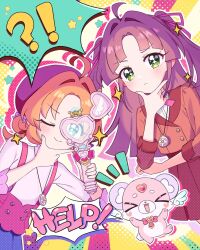  !? >_< +_+ 2girls ahoge akechi_anna beret blouse blue_skirt commentary_request cropped_jacket dress_shirt english_text green_eyes hair_intakes hair_ribbon hand_on_own_chin hat high_collar highres holding holding_magnifying_glass jacket jewelry kobayashi_mikuru leaning_forward long_hair long_sleeves magnifying_glass meitantei_precure! multiple_girls neck_ribbon necklace notice_lines nyangmomil orange_hair outline parted_bangs pink_ribbon pink_shirt pleated_skirt pochi-tan pre-kit_mirror_loupe precure purple_hat purple_ribbon red_jacket ribbon shirt short_hair skirt two_side_up white_outline white_shirt 