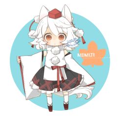  1girl animal_ears black_skirt blue_background character_name closed_mouth commentary_request dated detached_sleeves frilled_skirt frills full_body geta hat inubashiri_momiji long_sleeves outstretched_arm pom_pom_(clothes) red_eyes red_hat shirt short_hair signature skirt socks solo tail tengu-geta tokin_hat touhou two-tone_background white_background white_hair white_shirt white_sleeves white_socks wide_sleeves wolf_ears wolf_girl wolf_tail yaco_(nuitnotte) 
