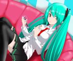  aqua_hair brown_eyes digital_media_player dutch_angle earphones hatsune_miku highres listening_to_music long_hair looking_at_viewer necktie ohjin open_mouth sitting skirt solo thigh-highs thighhighs twintails very_long_hair vocaloid zettai_ryouiki 