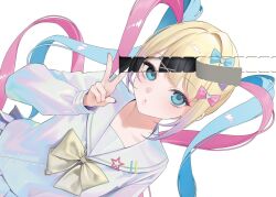  2girls ame-chan_(needy_girl_overdose) black_eyes black_hair blonde_hair blue_bow blue_eyes blue_hair blush bow chouzetsusaikawa_tenshi-chan commentary_request dual_persona dutch_angle eyeshadow gold_bow gradient_hair hair_bow hair_ornament hairclip iridescent_clothes looking_at_viewer makeup multicolored_hair multiple_girls multiple_hair_bows multiple_hair_clips needy_girl_overdose official_art ohisashiburi pink_bow pink_eyeshadow pink_hair pink_lips puckered_lips purple_bow purple_hair quad_tails red_nails revealing_layer sailor_collar school_uniform serafuku simple_background single_hair_intake star_ornament v white_background yellow_nails 