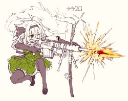 1girl absurdres bipod bolt_action brown_gloves brown_hairband brown_thighhighs call_of_duty call_of_duty:_modern_warfare_2 cheytac_m200 commentary elbow_gloves english_commentary firing frilled_skirt frills gloves green_eyes green_skirt green_vest gun hairband highres hitodama holding holding_gun holding_weapon katana konpaku_youmu konpaku_youmu_(ghost) looking_through_scope photo-referenced rampa93 rifle scope sheath sheathed shirt shoes skirt skirt_set sniper_rifle solo sword thigh-highs touhou vest weapon 