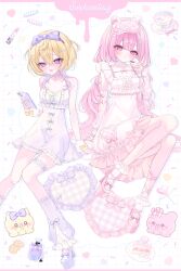  2girls :d bandaid bandaid_on_arm bandaid_on_knee bandaid_on_leg bibi-chan_(x_127x) blonde_hair blush bottle breasts cake candy cellphone cleavage_cutout closed_mouth clothing_cutout commentary_request cup detached_sleeves dot_nose dress facing_to_the_side fang food frilled_anklet frilled_dress frills gradient_hair hair_ornament hairclip heart heart_hair_ornament heart_print high_heels highres holding holding_phone jewelry lipstick long_hair looking_at_phone looking_at_viewer makeup medium_hair multicolored_hair multiple_girls original perfume_(cosmetics) perfume_bottle phone pink_dress pink_eyes pink_hair pink_ribbon purple_ribbon ribbon simple_background sitting sleep_mask sleeveless sleeveless_dress small_breasts smartphone smile teacup thighlet very_long_hair violet_eyes white_background white_dress yellow_ribbon 