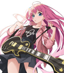  1girl ahoge black_shirt blue_eyes blush bocchi_the_rock! clothes_writing collarbone commentary cube_hair_ornament floating_hair gotoh_hitori grey_skirt guitar hair_between_eyes hair_ornament hands_up he_shan123 high-waist_skirt highres instrument jacket long_hair long_sleeves looking_at_viewer medium_skirt one_side_up open_clothes open_jacket parted_lips pink_hair pink_jacket pleated_skirt shirt sidelighting sidelocks simple_background skirt sleeves_rolled_up solo tareme track_jacket upskirt very_long_hair white_background 