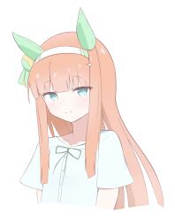  1girl akuku_e animal_ears aqua_eyes aqua_shirt commentary_request highres horse_ears horse_girl light_blush light_smile long_hair looking_at_viewer orange_hair shirt silence_suzuka_(umamusume) solo umamusume white_background 