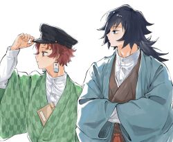  2boys adjusting_clothes adjusting_headwear alternate_costume black_hair black_hat blue_eyes blue_haori buttons closed_mouth collared_shirt earrings fingernails green_kimono hanafuda_earrings hand_up hands_in_opposite_sleeves haori hat japanese_clothes jewelry kimetsu_no_yaiba kimono long_hair long_sleeves low_ponytail male_focus multiple_boys nem_yamm ponytail profile shirt simple_background spiky_hair tomioka_giyuu upper_body white_background white_shirt 