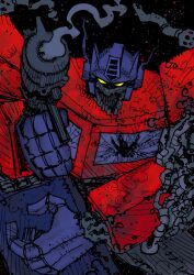  1boy absurdres aiming aiming_at_viewer armor azoinab battle_damage blue_helmet broken_glass exposed_internal_machinery exposed_teeth glass gun helmet highres holding holding_gun holding_weapon looking_at_viewer male_focus mecha mecha_focus mechabare optimus_prime red_armor robot robot_boy smoke smoking_barrel solo transformers transformers:_generation_1 transformers_(marvel) upper_body weapon yellow_eyes 