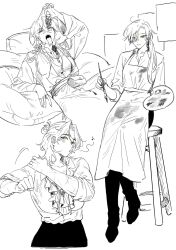  3girls apron arm_up bag belt_bag breasts chair closed_mouth collarbone collared_shirt commentary_request cropped_arm cropped_torso dot_nose earrings eyelashes food forked_tongue frilled_shirt frills fruit full_body genderswap genderswap_(mtf) gohagan_(unholymilk) grapes green_eyes hair_between_eyes hair_over_one_eye highres holding holding_brush holding_food holding_fruit holding_paint_palette jewelry large_breasts long_hair looking_at_food looking_at_viewer medium_breasts medium_hair monochrome multiple_girls multiple_scars necklace on_chair open_mouth original paint_palette pants ponytail robe scar scar_on_arm scar_on_hand shirt shoes simple_background sitting sketch sleeves_rolled_up small_breasts smile spot_color teeth thai_commentary toned toned_female tongue tongue_out unholymilk violet_eyes white_background wide_sleeves yellow_eyes 