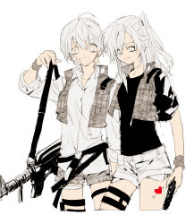  1boy 1girl ahoge arrow_through_heart assault_rifle bandaid bandaid_on_cheek bandaid_on_face belt black_belt black_shirt brown_shorts brown_vest camouflage camouflage_shorts closed_mouth collarbone collared_shirt collared_vest cropped_torso denim denim_shorts dot_nose earrings gun hair_between_eyes handgun happy heart heart_tattoo highres holding holding_gun holding_weapon holster jewelry leg_tattoo long_sleeves military_uniform miracle_nikki multiple_belts nikki_(series) o-ring o-ring_belt one_side_up open_clothes open_vest pocket rifle shirt short_shorts short_sleeves shorts simple_background sleeve_cuffs smile stud_earrings stylist_(nikki) t-shirt tattoo uro_(uvxkf) vest weapon white_background white_eyes white_hair white_shirt white_shorts wristband 