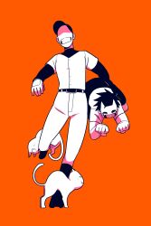  2boys absurdres animal baseball_cap baseball_uniform belt belt_buckle buckle carrying carrying_person cat clenched_teeth commentary english_commentary full_body grin hat highres layered_sleeves long_sleeves male_focus mask multiple_boys no_eyes off_(game) orange_background pants paw_pose shirt shirt_tucked_in short_hair short_over_long_sleeves short_sleeves smile spiky_hair sportswear tanblaque teeth the_batter_(off) the_judge_(off) v-neck valerie_(off) zacharie_(off) 