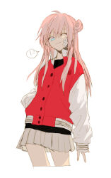  1girl animal_print aqua_eyes bandaid bandaid_on_cheek bandaid_on_face black_shirt buttons cat_print closed_mouth collared_jacket commentary_request cropped_torso crossed_bandaids dot_nose eyelashes hair_between_eyes hair_bun hand_in_pocket happy high_collar highres jacket jersey long_hair long_sleeves microskirt miracle_nikki multicolored_eyes nikki_(series) one_eye_closed original pink_eyes pink_hair pink_jacket pleated_skirt print_jacket puffy_long_sleeves puffy_sleeves shirt sidelocks simple_background single_hair_bun skirt sleeves_past_wrists smile solo speech_bubble stylist_(nikki) tareme translation_request two-tone_eyes uro_(uvxkf) white_background white_skirt white_sleeves 