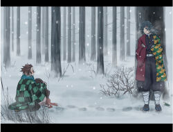  1girl 2boys 3zunoko9 belt black_hair black_jacket black_pants blue_eyes blue_scarf brown_hair buttons checkered_haori commentary_request crossed_arms forest full_body gold_buttons haori jacket japanese_clothes kamado_nezuko kamado_tanjirou kikkoumon kimetsu_no_yaiba long_hair low_ponytail multiple_boys nature outdoors pants ponytail print_haori scarf snow spiky_hair standing tomioka_giyuu white_belt 