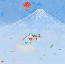  animal_focus blue_background blue_sky commentary_request damumun koinobori leaf mountain no_humans original rabbit running scenery sky snow sun traditional_media windsock 