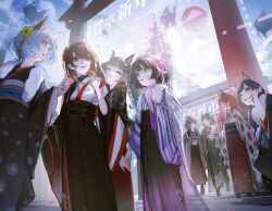 6+girls ^_^ absurdres adjusting_hair animal_ears aqua_eyes aqua_hair aru_(sinsekai) asu_(sinsekai) black_choker black_shoes blue_eyes blue_hair blue_sky blunt_bangs bow breasts brown_hair cat_ears cat_girl cat_tail chino_(valis) choker closed_eyes closed_mouth coat coat_on_shoulders earrings elbow_gloves facial_mark floating_hair flower flower_facial_mark flower_symbol from_side fur-trimmed_kimono fur_trim furisode gloves green_eyes green_hair grey_hair hair_between_eyes hair_bow hair_flower hair_ornament hand_to_own_mouth happy_new_year high_heels highres holding_hands japanese_clothes jellyfish_cut jewelry kamitsubaki_studio kimono lipgloss long_hair mark_under_eye multiple_girls myu_(valis) neffy_(valis) nina_(valis) obi obijime oekaki_taro outdoors parted_lips platform_shoes profile rara_(valis) red_hair sash second-party_source shoes short_hair sidelocks sinsekai_record sky small_breasts smile sparkle_facial_mark tail teardrop_facial_mark torii twintails valis_(sinsekai) virtual_youtuber vitte_(valis) wispy_bangs yellow_eyes 