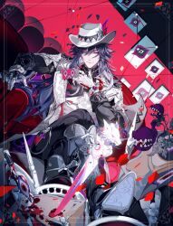  1boy abstract_background absurdres ashveil_(honkai:_star_rail) blood blood_splatter boots cane card chinese_commentary closed_mouth coat commentary_request cowboy_hat crossed_legs from_below full_body gloves gradient_hair hair_between_eyes hat head_tilt highres holding holding_card honkai:_star_rail honkai_(series) indoors jewelry leaning_back leaning_to_the_side light_smile long_hair long_sleeves looking_at_viewer looking_down mechanical_arms monster multicolored_hair multiple_rings nnnnnova plant procreate_(medium) purple_hair red_background ring single_mechanical_arm sitting solo violet_eyes wavy_hair weapon 