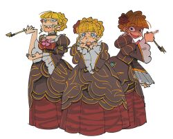  1girl beatrice_(umineko) black_dress blonde_hair blue_eyes bow bowtie censored commentary crying dress english_commentary full_body holding holding_smoking_pipe juliet_sleeves laughing long_sleeves middle_finger mosaic_censoring multiple_views pink_bow pink_bowtie puffy_sleeves saphirdevil shaded_face sharp_teeth simple_background smoking_pipe tears teeth umineko_no_naku_koro_ni white_background 