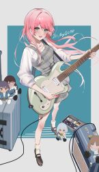  1girl absurdres amplifier bang_dream! bang_dream!_it's_mygo!!!!! blush breasts character_doll chihaya_anon commentary doll dress electric_guitar fang grey_dress grey_eyes guitar guitar_strap highres holding holding_plectrum instrument kaname_raana long_hair looking_at_viewer medium_breasts mygo!!!!!_(bang_dream!) nagasaki_soyo open_mouth pedal_board pinafore_dress pink_hair plaid_clothes plaid_dress plectrum rinne0611 shiina_taki shirt sleeveless sleeveless_dress socks takamatsu_tomori three-quarter_sleeves untranslatable_commentary white_shirt white_socks 