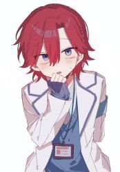  1boy arm_behind_back blue_eyes blue_necktie blue_shirt blue_sweater blush coat commentary_request highres hyoutenka_30-do_no_zetsubou id_card lanyard lapels looking_at_viewer mitsudomoe_koubou_(series) mole mole_under_eye naenaedr necktie no_sclera red_hair shirt simple_background solo sweat sweater tonimura_yui upper_body white_background white_coat 
