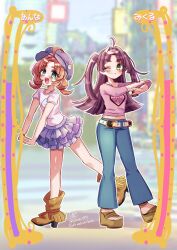  2girls :d ;) ahoge akechi_anna belt blue_hat blue_pants blurry blurry_background boots brown_boots brown_sandals closed_mouth commentary_request denim depth_of_field doroshii double_bun frilled_skirt frills fringe_trim gauge green_eyes hair_bun hair_intakes hat heart heart_print highres interlocked_fingers jeans kobayashi_mikuru layered_skirt long_hair long_sleeves looking_at_viewer low_twintails medium_hair meitantei_precure! midriff miniskirt multiple_girls navel newsboy_cap official_alternate_costume one_eye_closed open_mouth orange_hair own_hands_together pants partial_commentary pink_shirt precure print_shirt purple_hair purple_shirt purple_skirt sandals shirt short_sleeves skirt smile standing standing_on_one_leg t-shirt translated twintails twitter_username two_side_up white_belt 