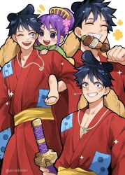 1boy 1girl alynomali black_hair commentary food green_kimono grin hair_ornament hat hat_on_back highres holding holding_food japanese_clothes katana kimono kurozumi_tama looking_at_another looking_at_viewer monkey_d._luffy mouth_hold multiple_views official_alternate_costume one_eye_closed one_piece open_mouth piggy_bank purple_hair red_kimono sandals sash sheath sheathed smile straw_hat sword teeth_hold twitter_username weapon yellow_sash 