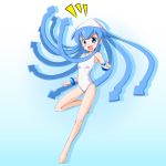  1girl barefoot blue_eyes blue_hair hat highres ikamusume kinfuji long_hair one-piece_swimsuit shinryaku!_ikamusume swimsuit tentacle_hair 