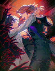  2boys :d arm_around_another's_waist armband black_coat black_hair black_pants brown_hair chinese_commentary chromatic_aberration closed_eyes coat commentary_request cowboy_shot disembodied_arm extra_arms glasses glitch highres hohenheim_(project_moon) holding_another's_wrist johann_(project_moon) lab_coat limbus_company long_sleeves male_focus multiple_boys open_clothes open_coat open_mouth pants parted_lips project_moon round_eyewear shadow_hands shirt short_hair smile sontakumuyo white_coat wide-eyed 