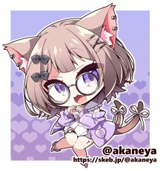  1girl :3 :d akaneya animal_ear_fluff animal_ears black_bow blue_background border bow brown_hair cardigan cat_ears cat_girl cat_tail character_request chibi chibi_only commentary_request commission copyright_request dress full_body glasses gradient_background hair_bow hair_ornament hairclip heart heart_background heart_hands heart_o-ring looking_at_viewer lowres multiple_tails o-ring o-ring_thigh_strap off_shoulder open_cardigan open_clothes open_mouth outline outside_border purple_background purple_cardigan ribbon round_eyewear short_dress short_hair skeb_commission smile solo standing tail tail_ornament tail_ribbon thigh_strap twitter_username two_tails violet_eyes web_address white_border white_dress white_outline white_ribbon x_hair_ornament 