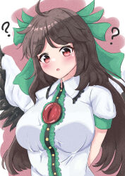  1girl :o ? ahoge arms_behind_back bird_girl bird_wings black_trim black_wings blush breasts brown_hair chest_eye commentary_request feathered_wings frilled_shirt frilled_shirt_collar frills green_ribbon green_trim highres huge_breasts impossible_clothes impossible_shirt long_hair open_mouth pico_kimuchi pink_background red_eyes reiuji_utsuho ribbon shirt short_sleeves solo straight_hair touhou two-tone_background upper_body white_background white_shirt wing_collar wings 