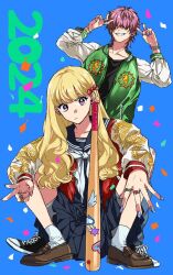  1boy 1girl 2024 baseball_bat black_serafuku black_shirt black_shoes black_skirt blonde_hair blue_background bomber_jacket collared_shirt commentary_request confetti delinquent full_body green_jacket grin hair_over_eyes hands_up highres isobeyou jacket jewelry kneehighs loafers long_hair long_sleeves looking_at_viewer miniskirt nail_polish original pleated_skirt ring school_uniform serafuku shirt shoes short_hair skirt smile sneakers socks squatting standing t-shirt v violet_eyes white_socks 