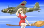  ahoge airplane antennae bomber broom broom_riding brown_eyes brown_hair dress flying gun hand_on_head mahou_tsukai_sally military mitsubishi_ki-21 namesake object_namesake oekaki open_mouth propeller puffy_sleeves red_dress shinden_hachirouta sidesaddle sky socks wavy_hair weapon wheel white_legwear wink world_war_ii yumeno_sally 